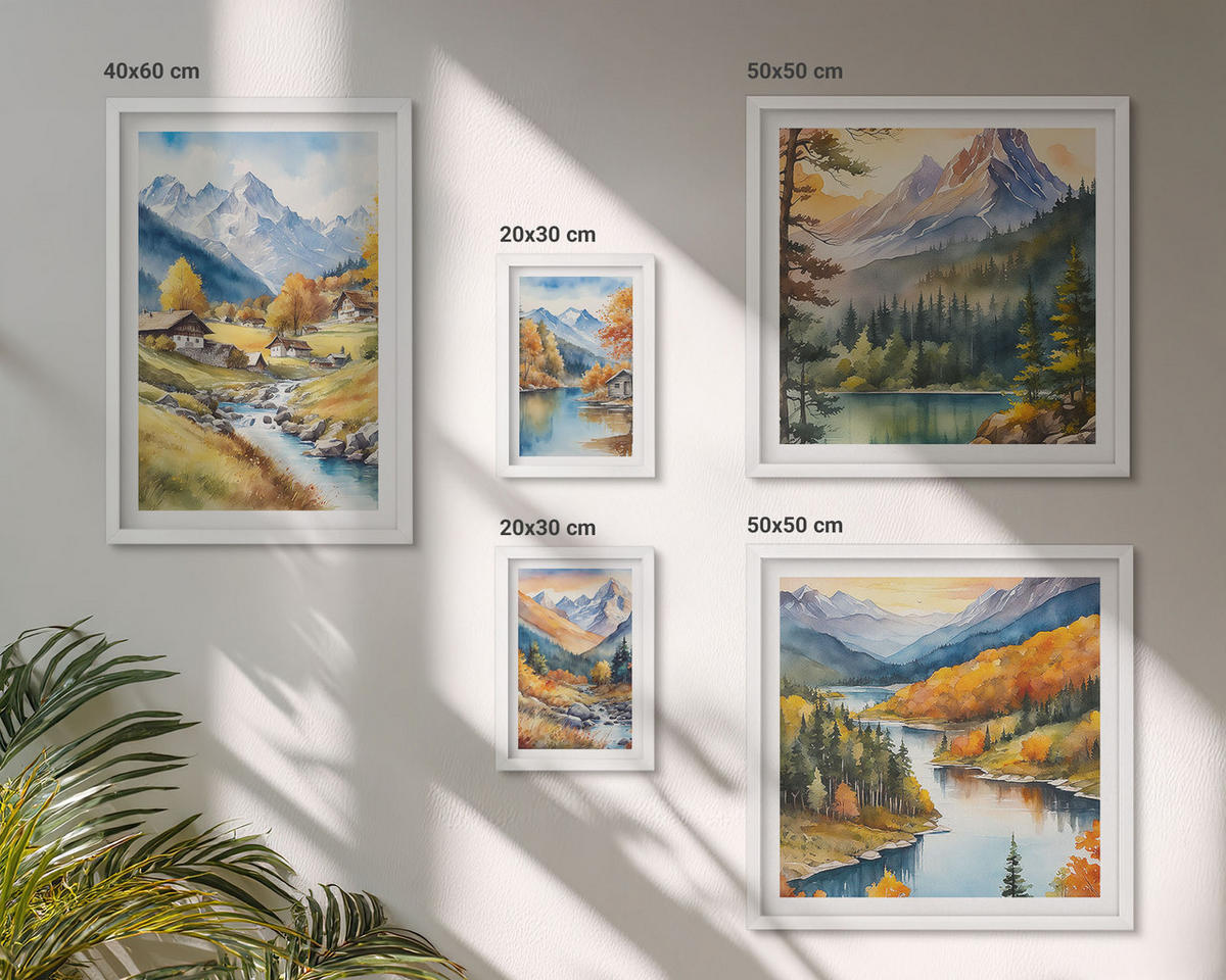 BILDER SET 5er Set - 50x50 cm & 20x30 cm & 40x60 cm Weißer Rahmen - Bergblick, Fluss, Herbst - Weiß, Kunststoff (40/60cm) - TULUP