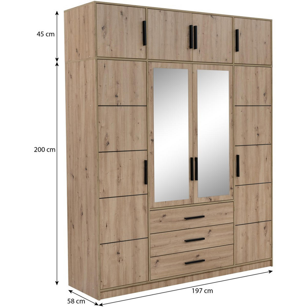 DREHTÜRENSCHRANK Kavo mit Aufsatz, Spiegel und 4 Türen, eiche Sonoma - Schwarz/Sonoma Eiche, Holzwerkstoff (200/245/58cm) - Beautysofa