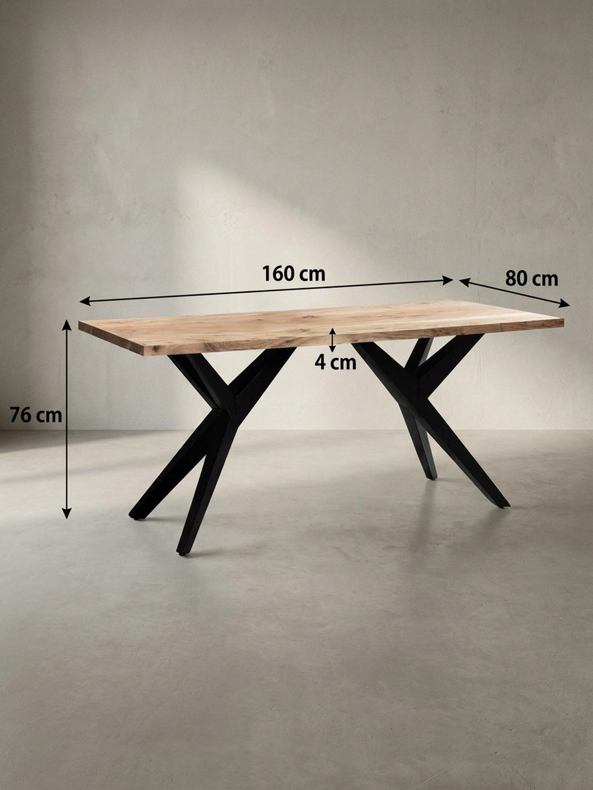ESSTISCH Massivholz Metall Rechteckig Loft-Stil, Akazie 160x80x76 cm - Schwarz/Akaziefarben, Holz/Metall (80/160/76cm) - KADIMA DESIGN