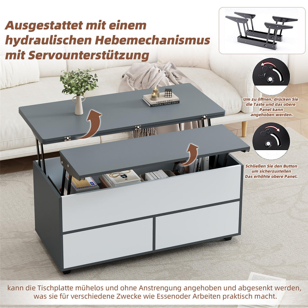 COUCHTISCH höhenverstellbar Stauraum Schubladen Rollen 100/98/65 cm - Grau, Holz (100/98/65cm) - Kaket
