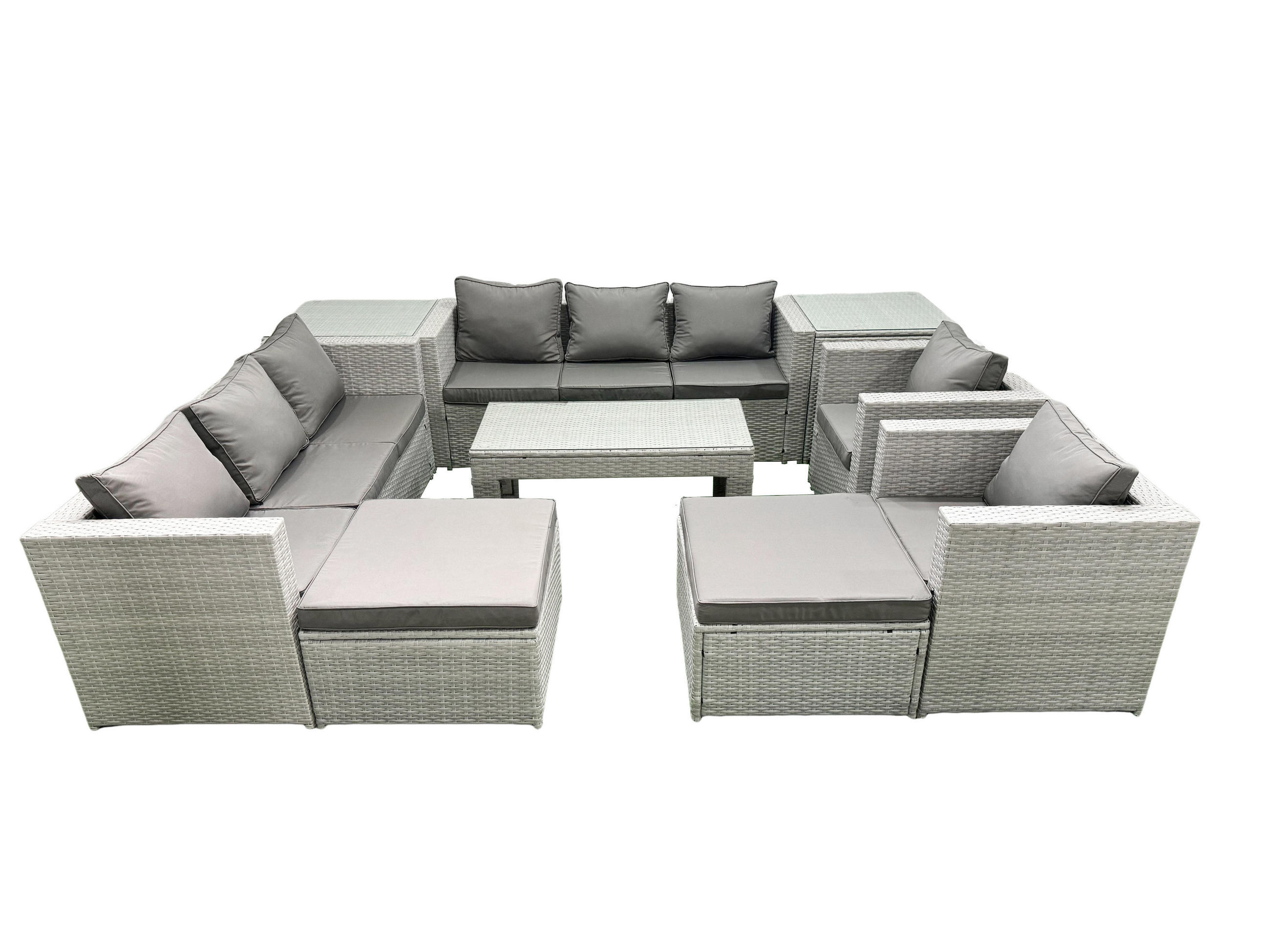 GARTENSOFA hohe Rückenlehne Polyrattan Hellgrau-Mix 10-Sitzer - Hellgrau/Grau, Glas/Kunststoff - Fimous