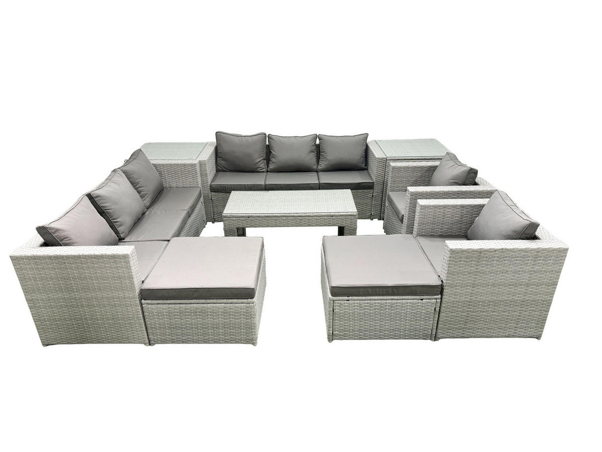 GARTENSOFA hohe Rückenlehne Polyrattan Hellgrau-Mix 10-Sitzer - Hellgrau/Grau, Glas/Kunststoff - Fimous