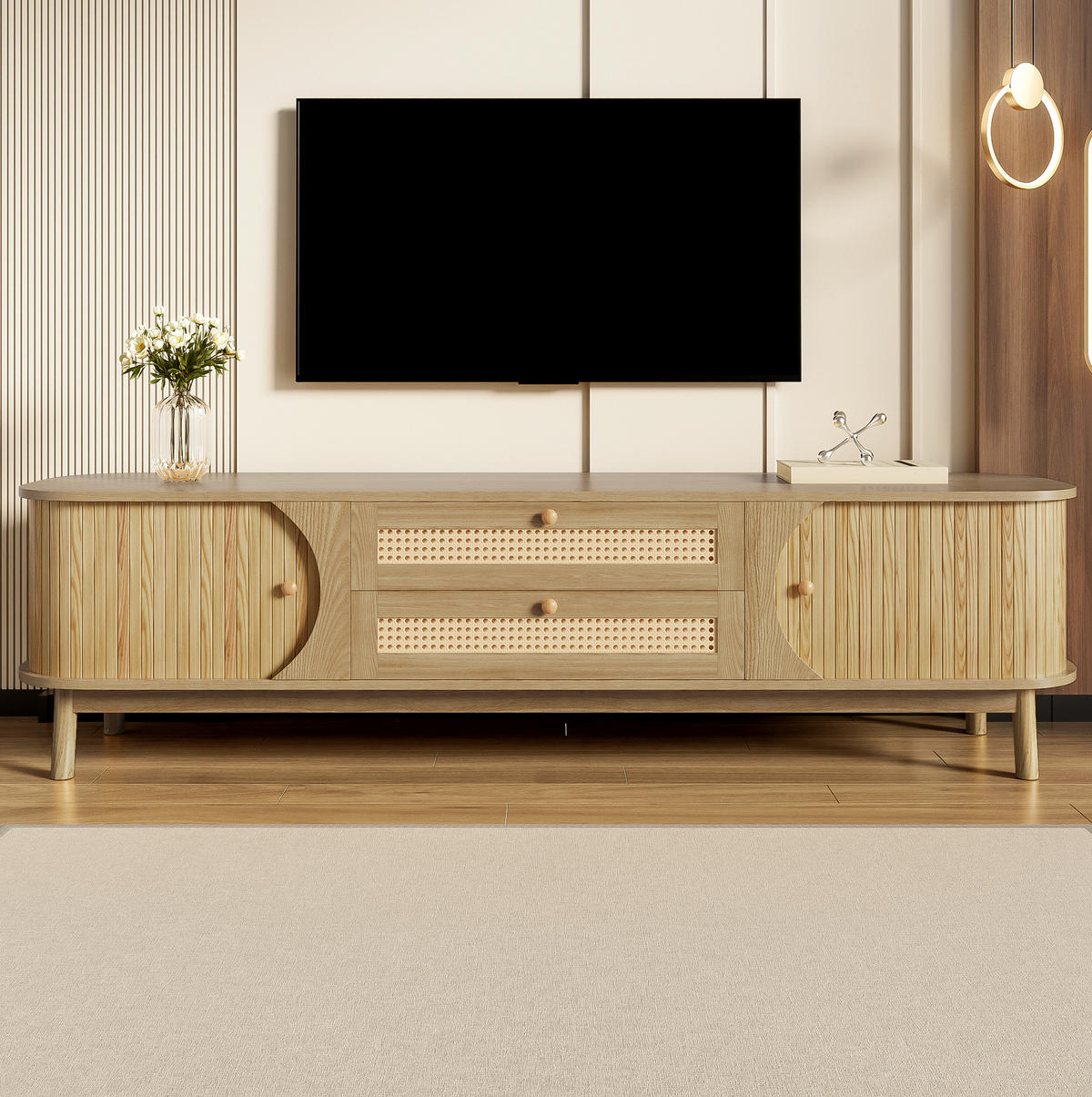 TV-SCHRANK mit Massivholztüren und Rattan-Schubladen in Natur 170/39.5/46 cm - Eichefarben, Holzwerkstoff (170/46/39.5cm) - Redom