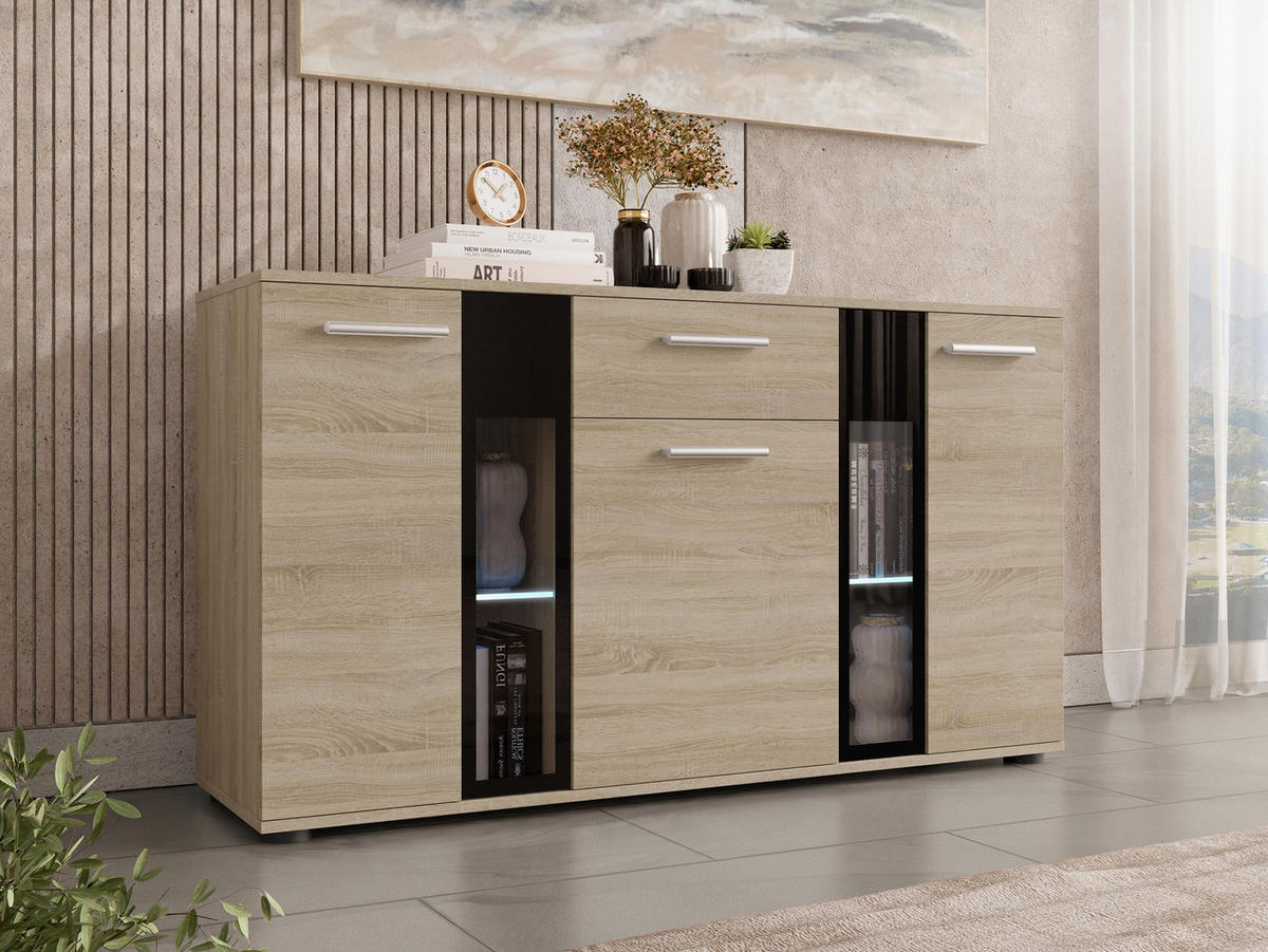 KOMMODE Salsa mit blauer LED Beleuchtung - Silberfarben/Sonoma Eiche, Holzwerkstoff (141/80/41cm) - MIRJAN24