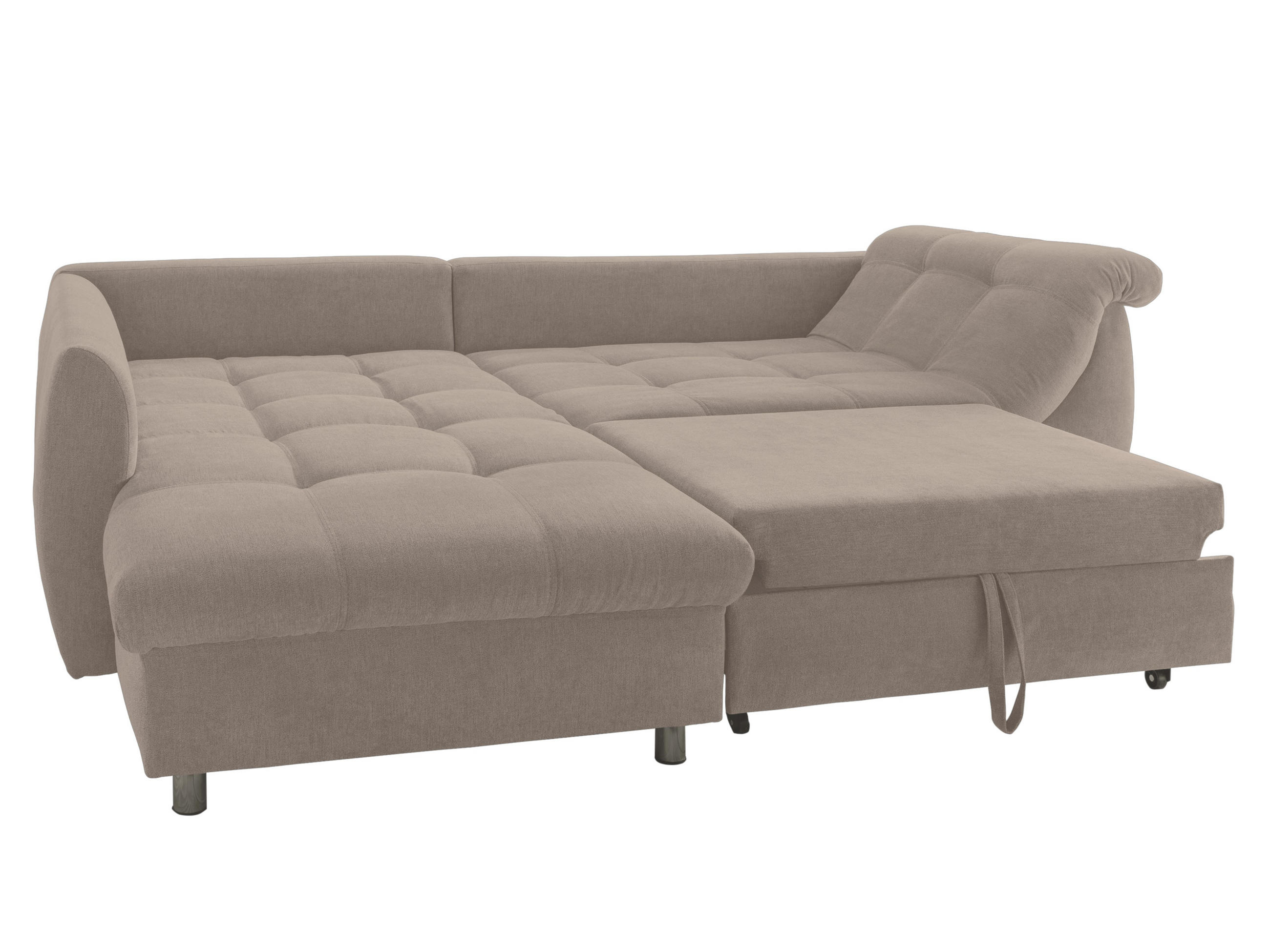 ECKSOFA mit Schlaffunktion, Bettkasten, Wellenunterfederung, Ottomane links B250/T190/H84 cm, Liegefl. 179x190 cm, Mikrofaser Hellbraun / 17010 - Hellbraun/Chromfarben, Textil/Metall (250/190cm) - luma-home