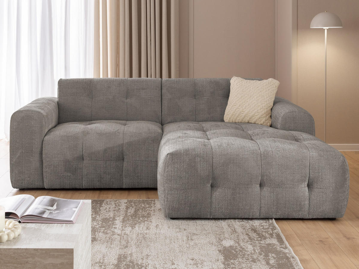 ECKSOFA Kozy im Bumpy-Design mit fester Rückenlehne aus weichem Taupe Chenille-Stoff - Ottomane rechts - Taupe/Schwarz, Holz/Kunststoff (234/161cm) - S-Style Möbel