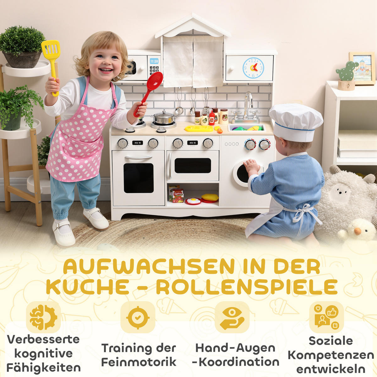 KINDERKÜCHE Spielküche mit Ofen Spüle Soundfunktion und Zubehör Spielzeugküche - Weiß, Holzwerkstoff (24/79.5cm) - AIYAPLAY