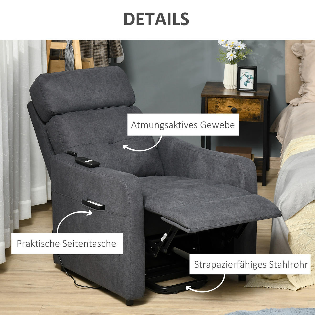 SESSEL mit Aufstehhilfe, Polyester, Grau - Grau, Kunststoff (94/104/71cm) - HOMCOM