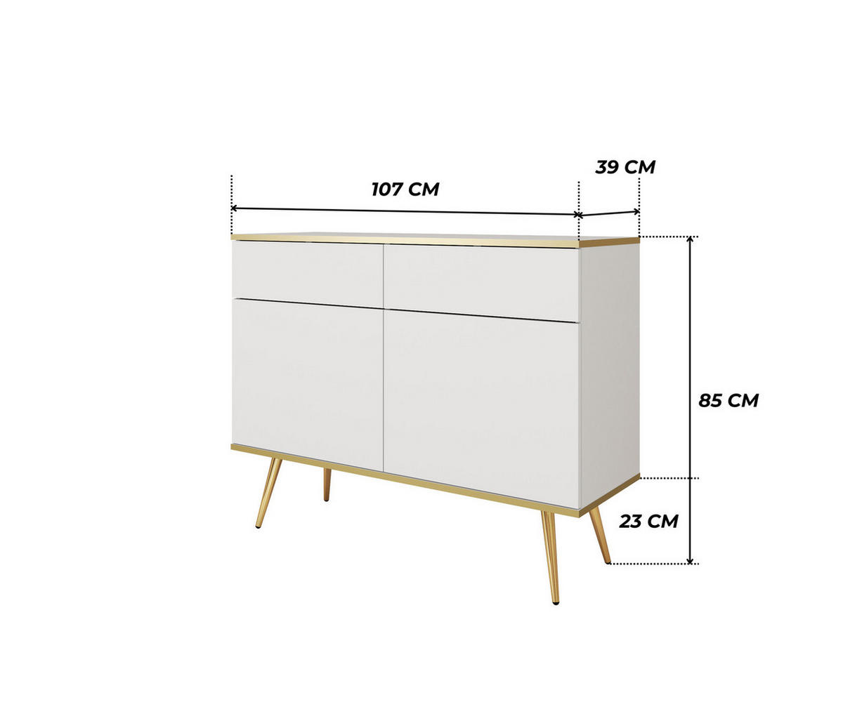 KOMMODE FORNO (Weiß, Goldene Details, 2 Türen, 2 Schubladen, goldene Metallfüße) - Gelb/Goldfarben, Holz/Holzwerkstoff (107/85/39cm) - Ravio