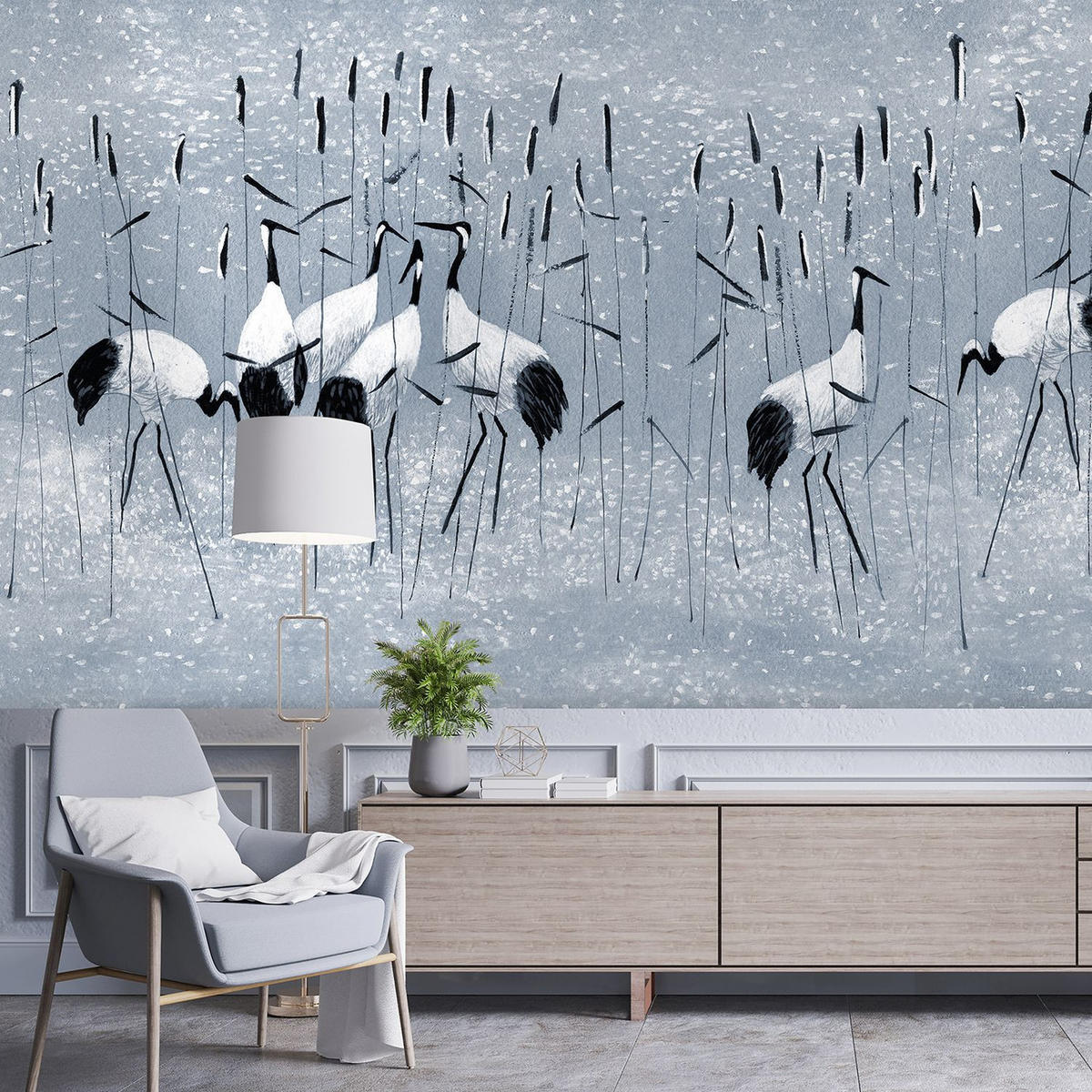 FOTOTAPETE Kraniche 371 x 280 cm - Blau, Papier (371/280cm) - Sanders & Sanders