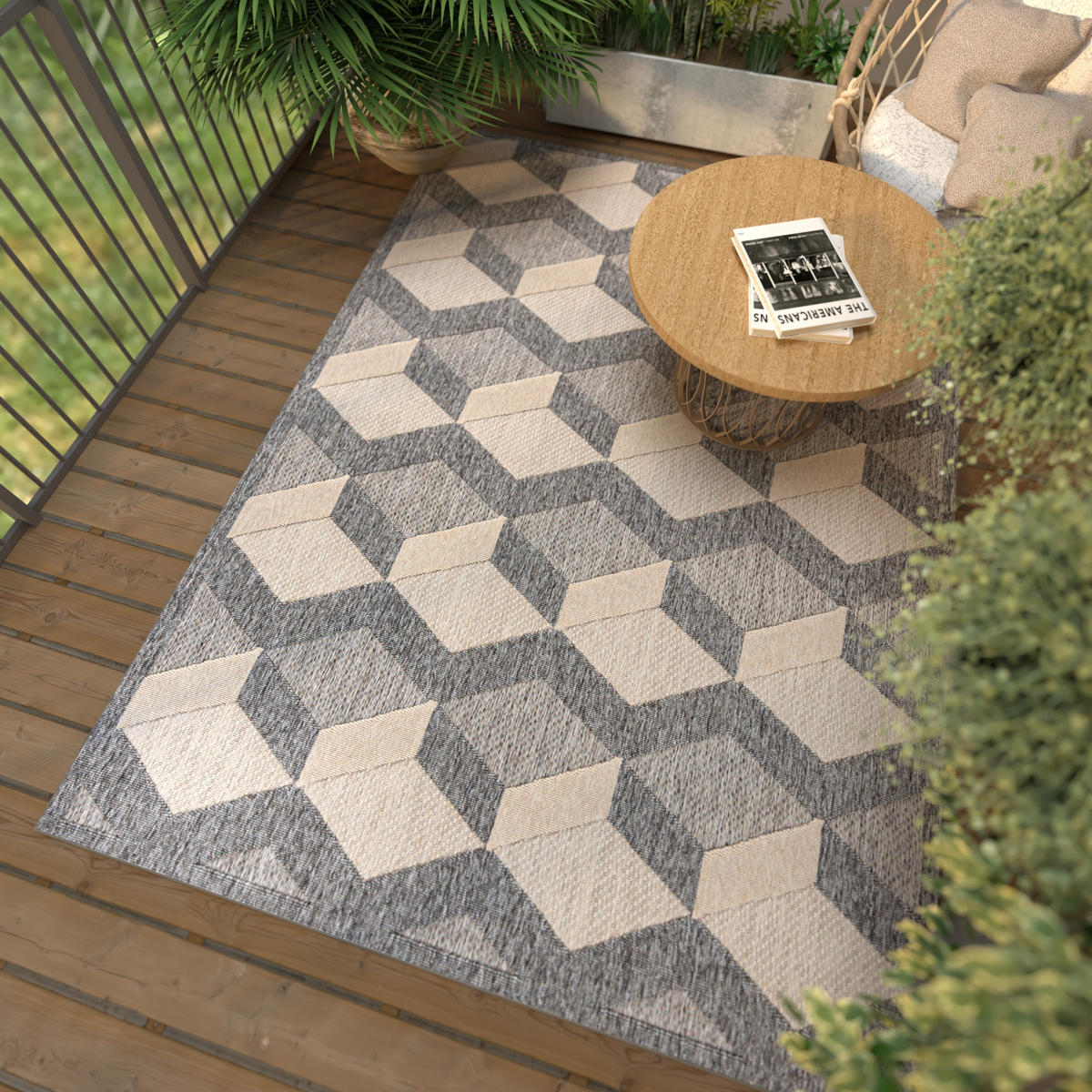 TEPPICH Beige In-Outdoor Geometrisch - Kurzflor Rechteckig - Grau - 80 x 150 cm - Beige/Grau, Textil (80/150cm) - Mazovia