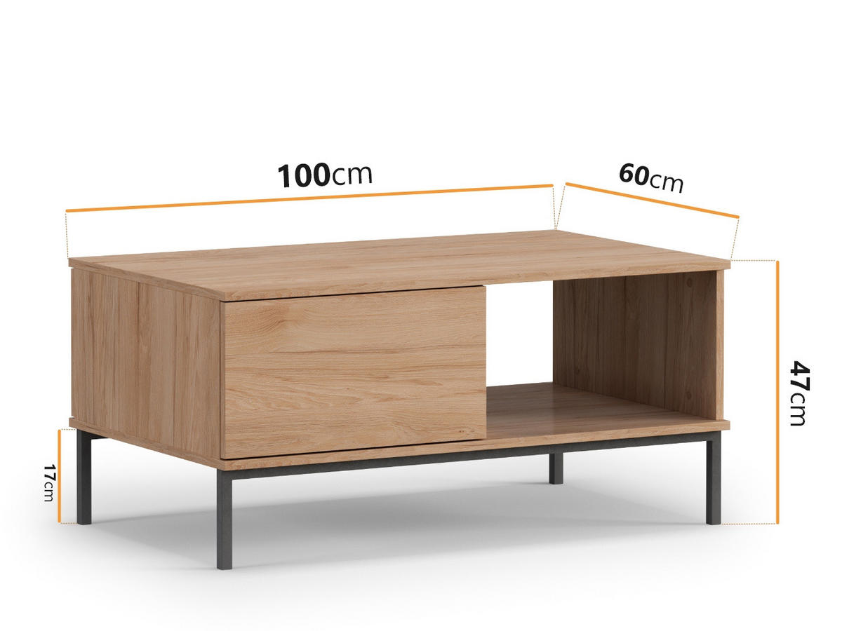 COUCHTISCH Dallas 100x60 cm Hikora - Eichefarben/Schwarz, Holzwerkstoff/Metall (60/100/47cm) - Ravio