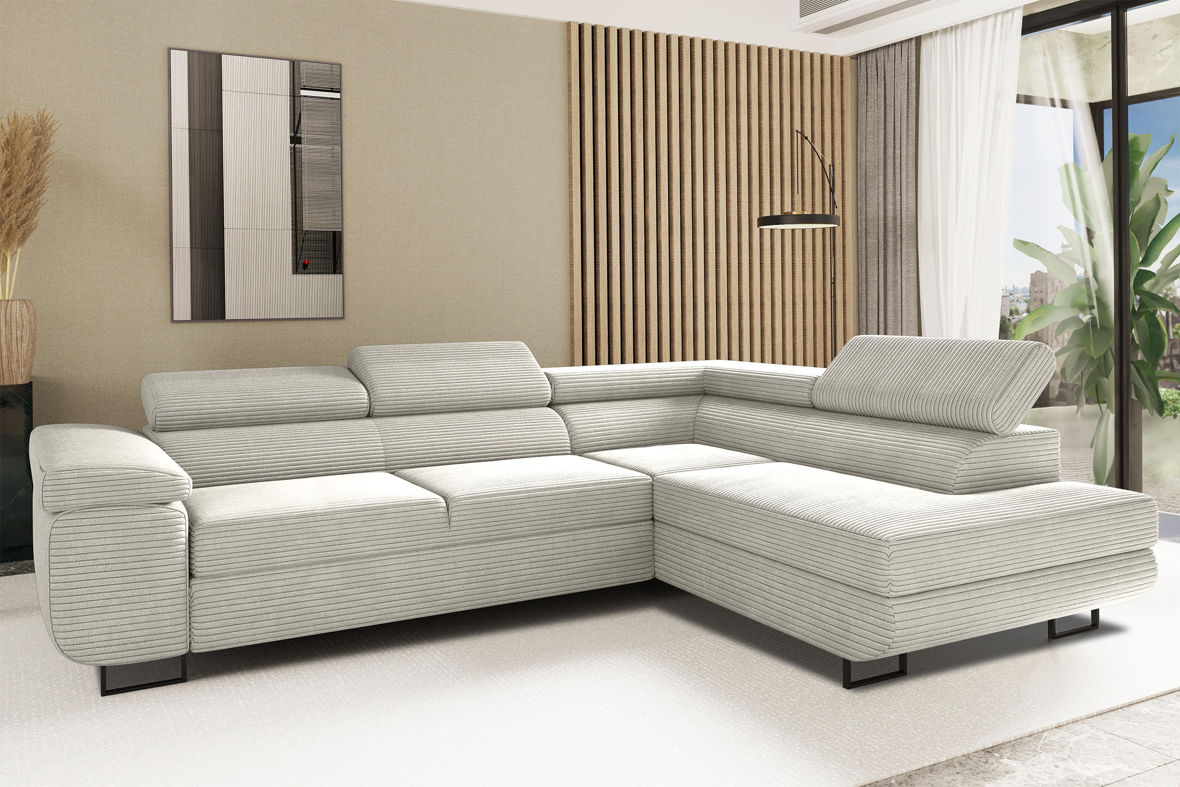 ECKSOFA ATOMIC Mit Schlaffunktion, Stoff Poso, Hellgrau, Rechts - Hellgrau, Holz (277/203cm) - Kaiser Möbel