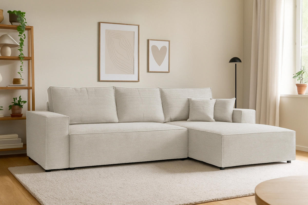 ECKSOFA MARCO 294/185 in Cord Creme mit Schlaffunktion rechts - Creme, Holz/Holzwerkstoff (294/185cm) - Deine Möbel 24