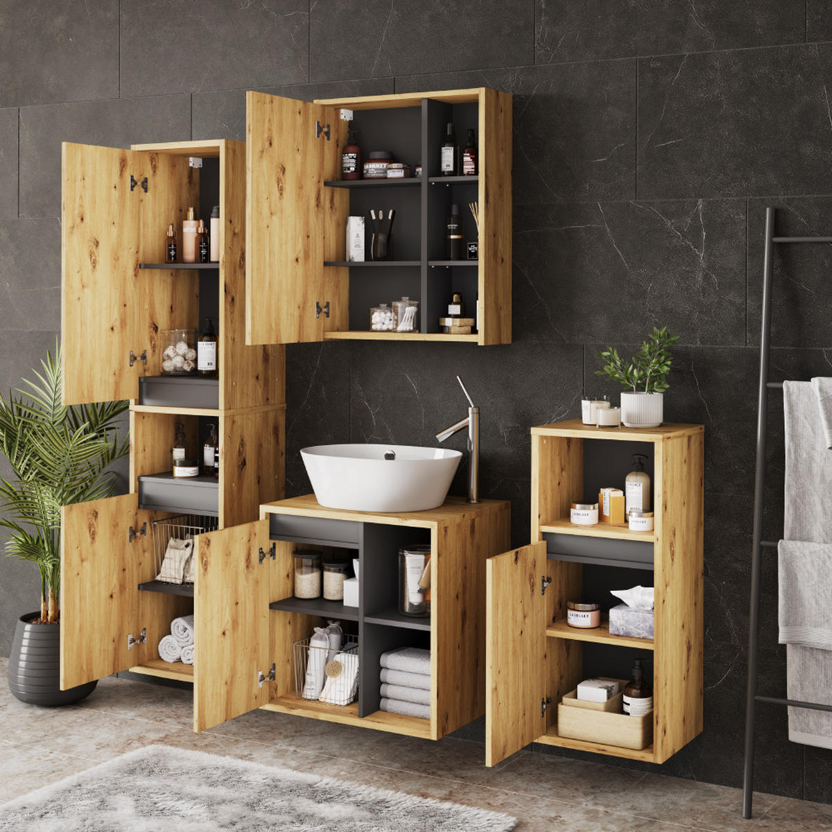 SESTAVA KOUPELNOVÉHO NÁBYTKU Viola Artisan/šedá - šedá/světle šedá, kompozitní dřevo (60/60/45.5cm) - Vicco