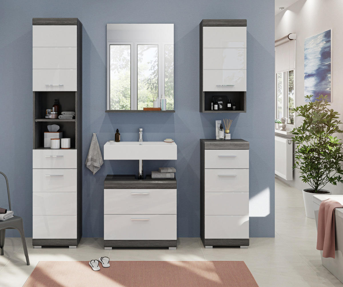 BADMÖBEL-SET weiß Hochglanz, grau 5-teilig 164 cm, Kombination mit viel Stauraum - Weiß Hochglanz/Grau, Holzwerkstoff (164/191/34cm) - Inn.Furn