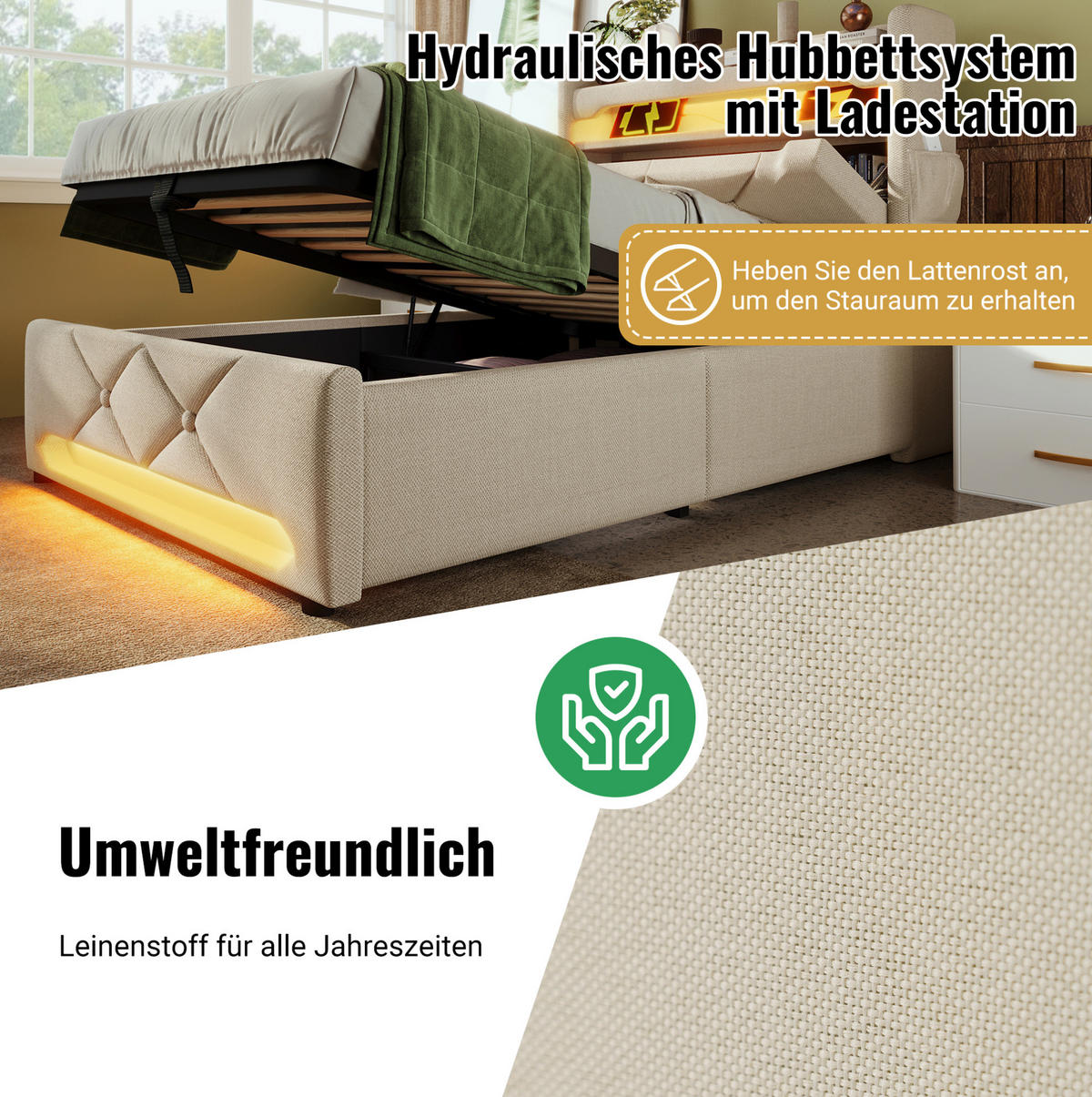 POLSTERBETT 140/190 cm Beige aus Leinen mit LED und Stauraum - Beige, Textil (140/190cm) - OKMYHOME