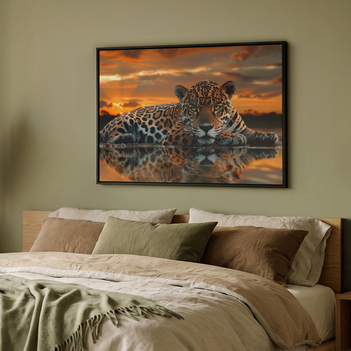 LEINWAND Bilder mit Rahmen - Natur - Leopard - Tier - Sonnenuntergang - Modern - 100x70 - Orange, Textil (100/70cm) - MuchoWow