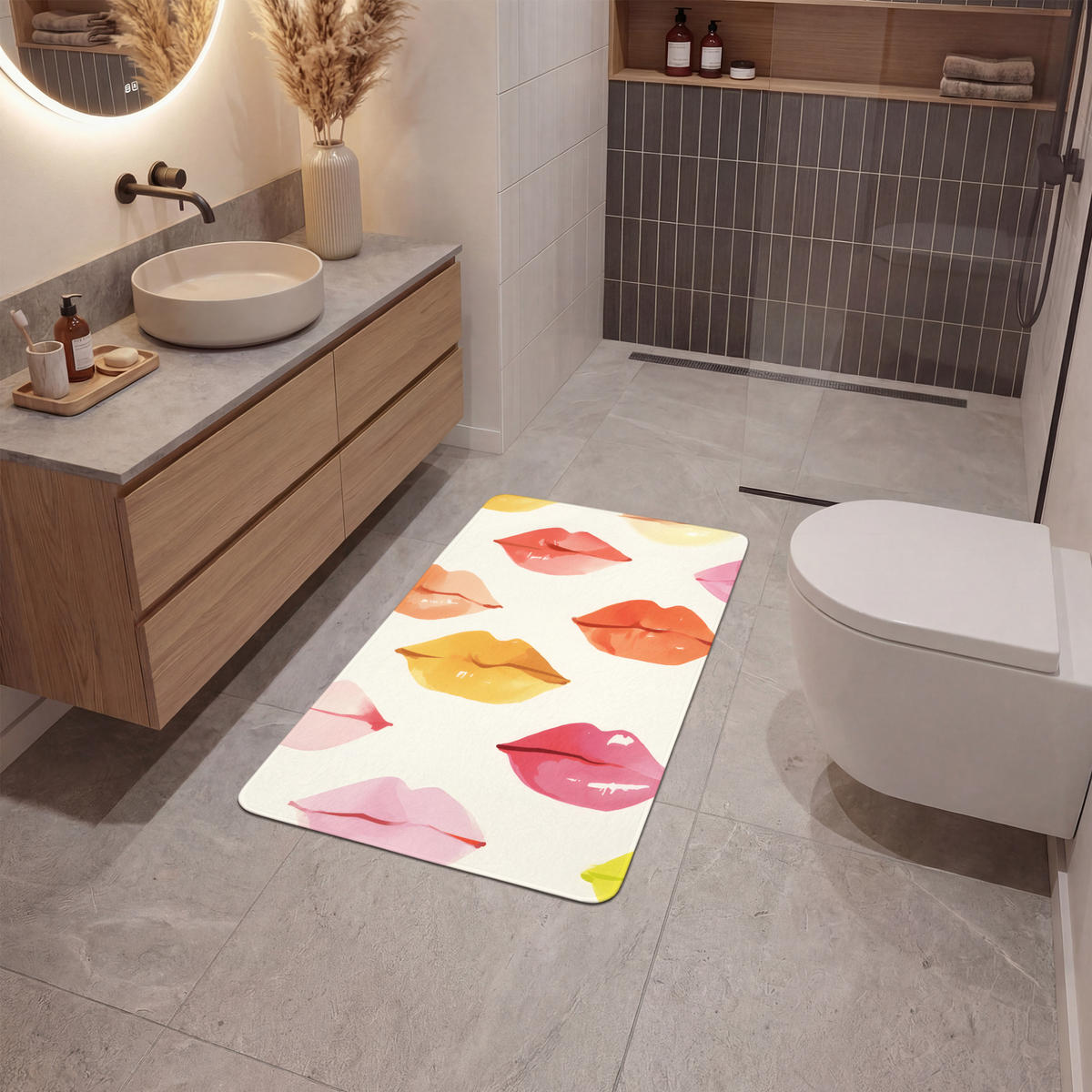 KOUPELNOVÁ PŘEDLOŽKA Rty - barevné - lesklé 60x90 cm - růžová, textil/plast (60/90cm) - OnlyWow