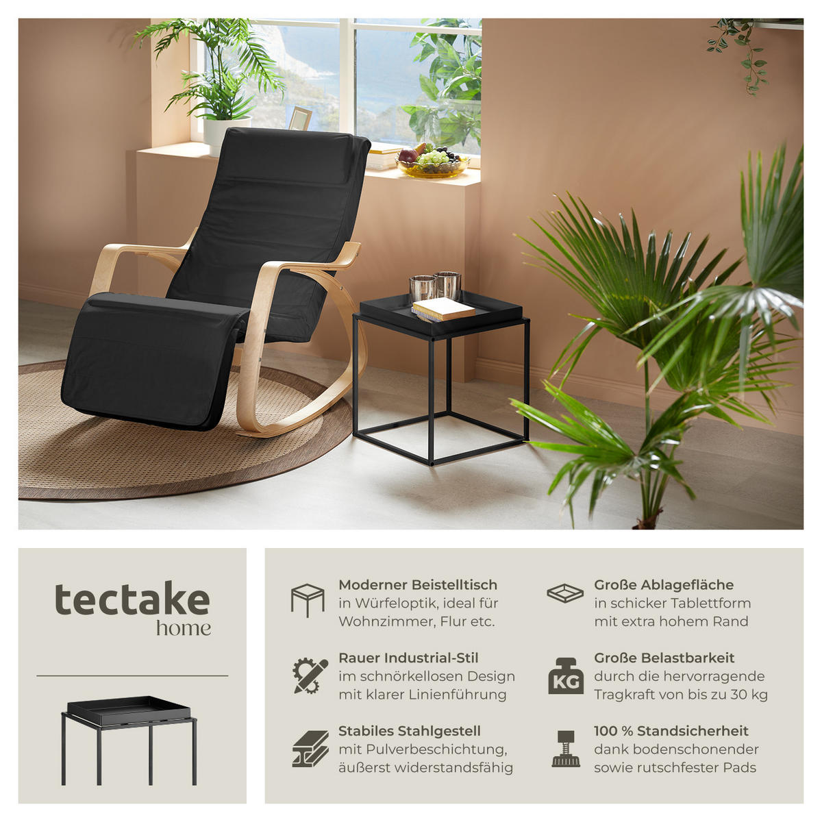 BEISTELLTISCH Cambridge,40 x 40 x 44 cm,schwarz - Schwarz, Metall (40/40/44cm) - tectake