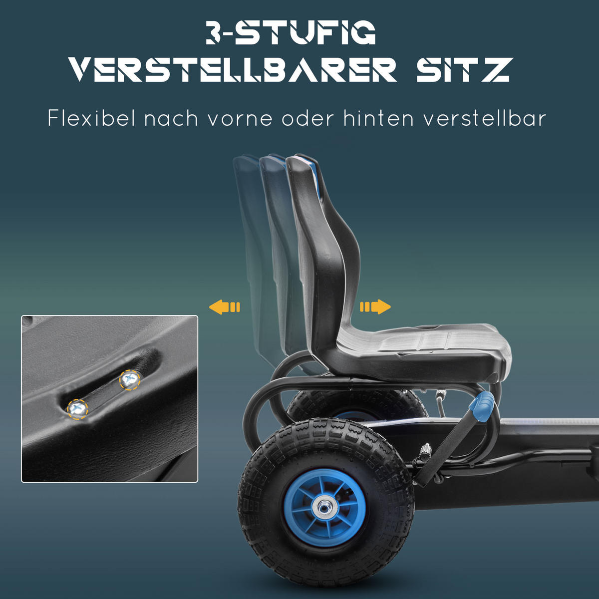 KINDER GO KART TRETAUTO, Blau+Schwarz/Grün+Schwarz/Rot+Schwarz, Metall - Blau, Metall (121/58/61cm) - HOMCOM
