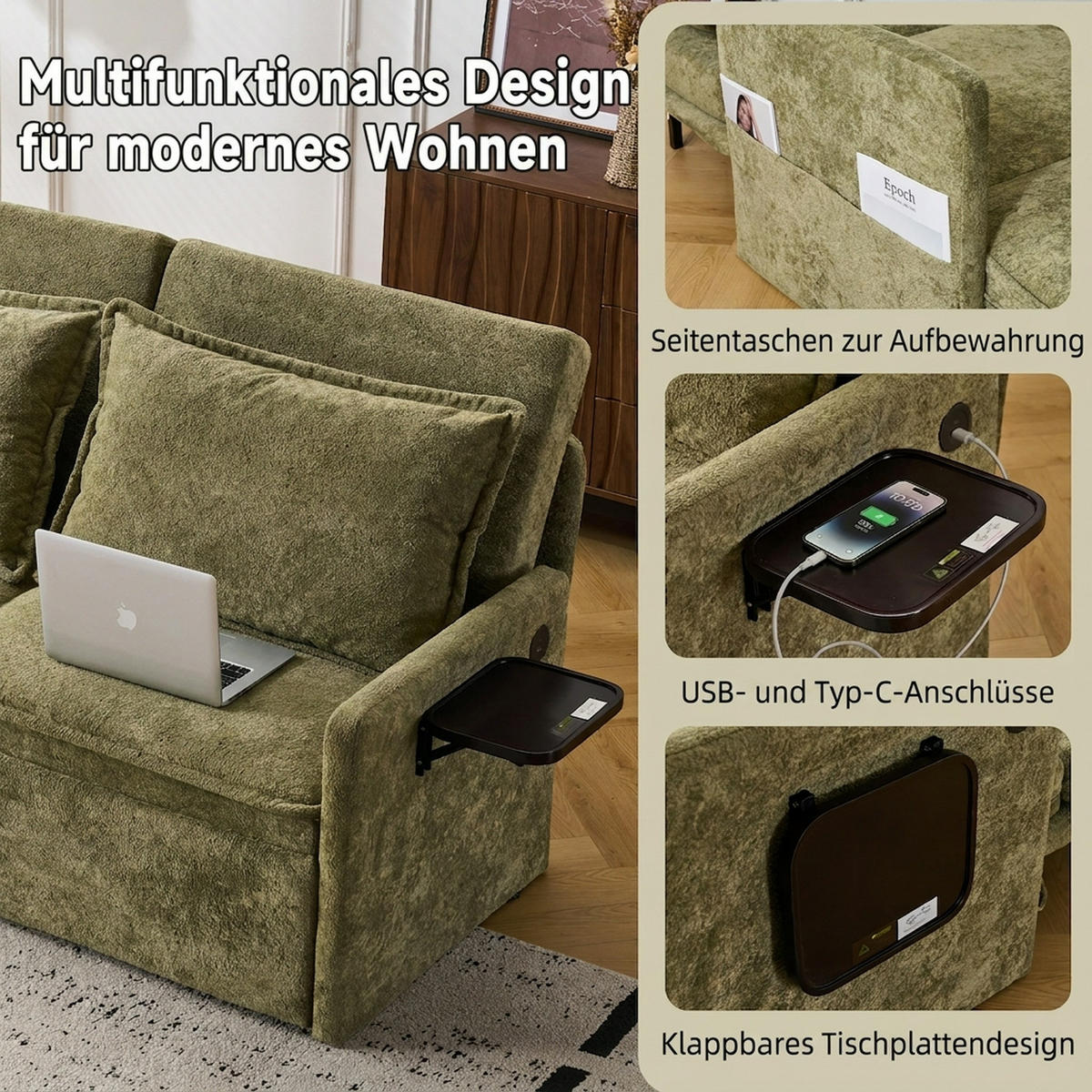 SCHLAFSOFA 172.5/71/95 cm Grün mit USB-Anschluss, 5-fach verstellbarer Rückenlehne und Stauraum - Grün, Textil (71/95/172.5cm) - Oxeza
