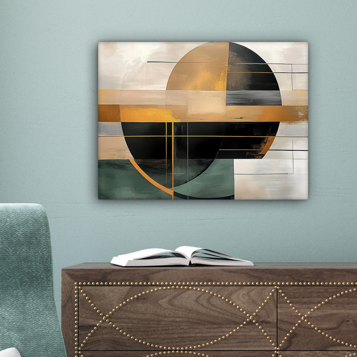 LEINWANDBILD - Abstrakt - Gold - Bronze - Grün - Formen - Modern - 40x30 - Wanddeko - Multicolor, Textil (40/30cm) - MuchoWow