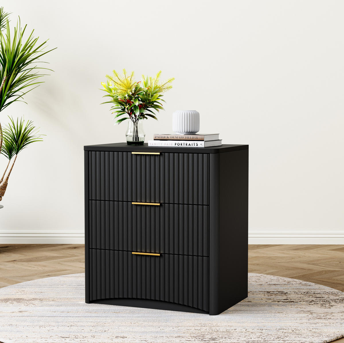 NACHTTISCH aus MDF 58x38x64 cm Schwarz mit 3 Schubladen, Dämpfungssystem und Rillenfront - Schwarz, Holzwerkstoff (58/64/38cm) - Modfu