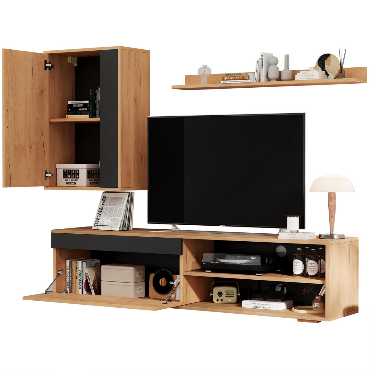 LOWBOARD TV-Möbel-Set 140/35/39 cm aus Spanplatte mit Sanftschluss-Scharnieren Eichefarben/Schwarz - Naturfarben, Holzwerkstoff (140/39/35cm) - Modenvie