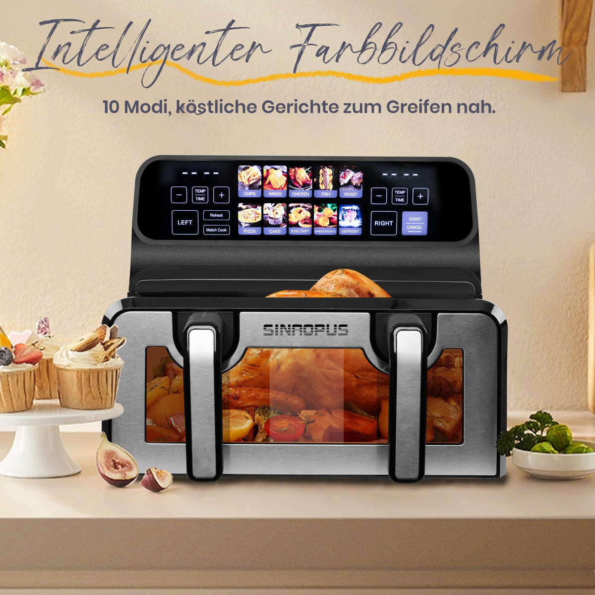 HEISSLUFTFRITTEUSE Doppelkammer 9L 10-in-1 flexibler XXL-Modus - Silberfarben, Metall (35/32/26cm)