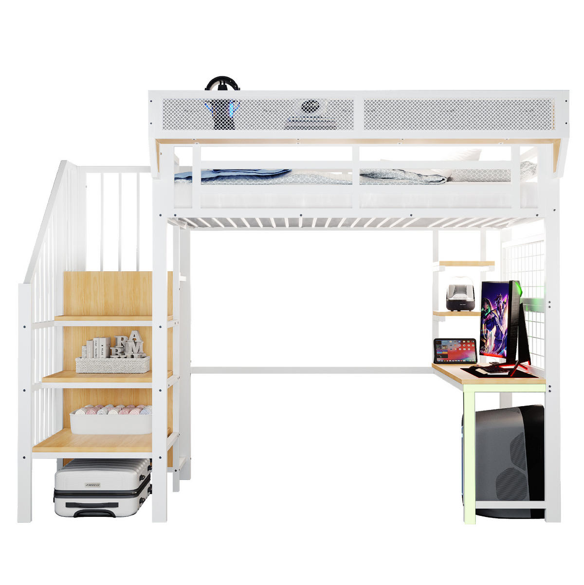 HOCHBETT aus Metall und MDF 90x200 cm Weiß mit Schreibtisch, Regal, LED-Beleuchtung und Steckdosen - Weiß, Metall (90/200cm) - Modfu