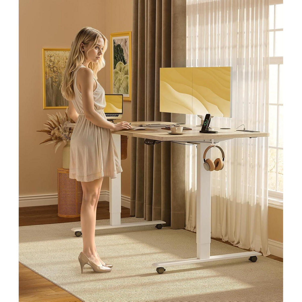 SCHREIBTISCH Höhenverstellbar Elektrisch 180 cm Beige mit USB und Memory Funktion - Beige, Holzwerkstoff (70/180/72cm)
