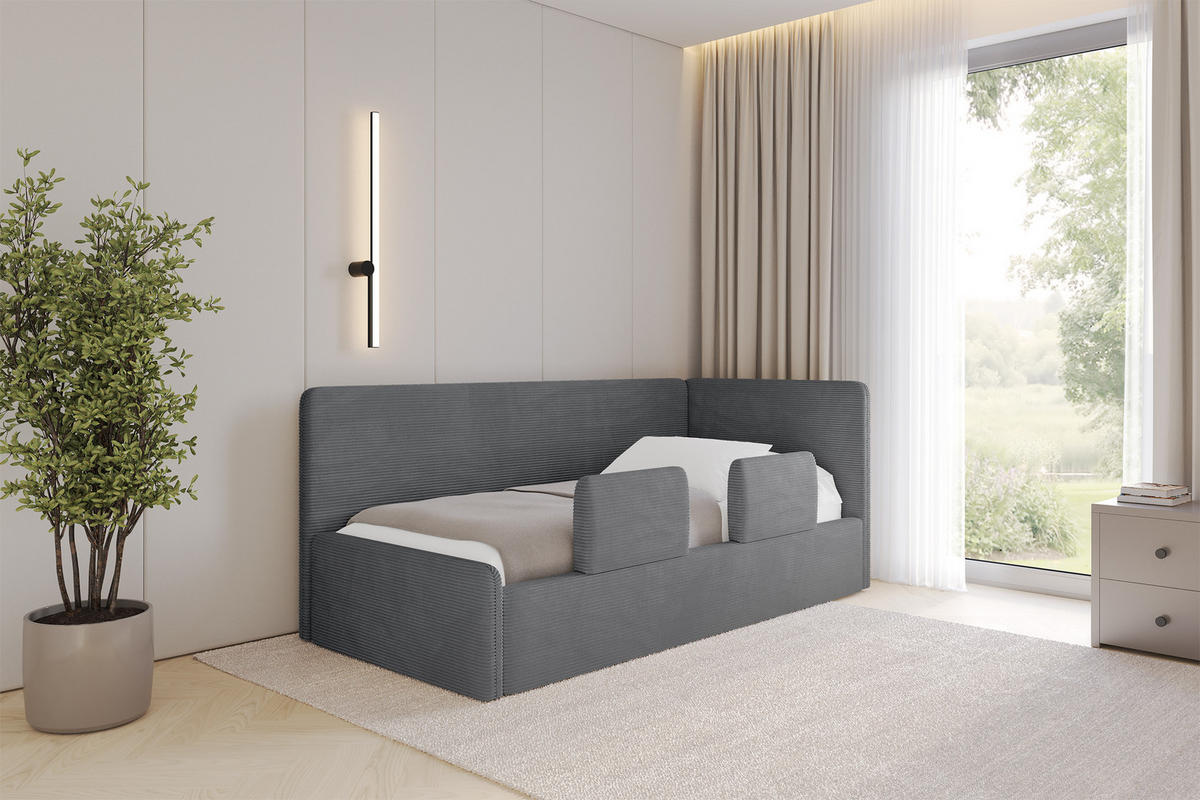 EINZELLBETT Jugendbett mit Bettkasten, Links - NORY 80x200 Dunkelgrau - Graphitfarben, Holzwerkstoff/Textil (80/200cm) - ALTDECOR