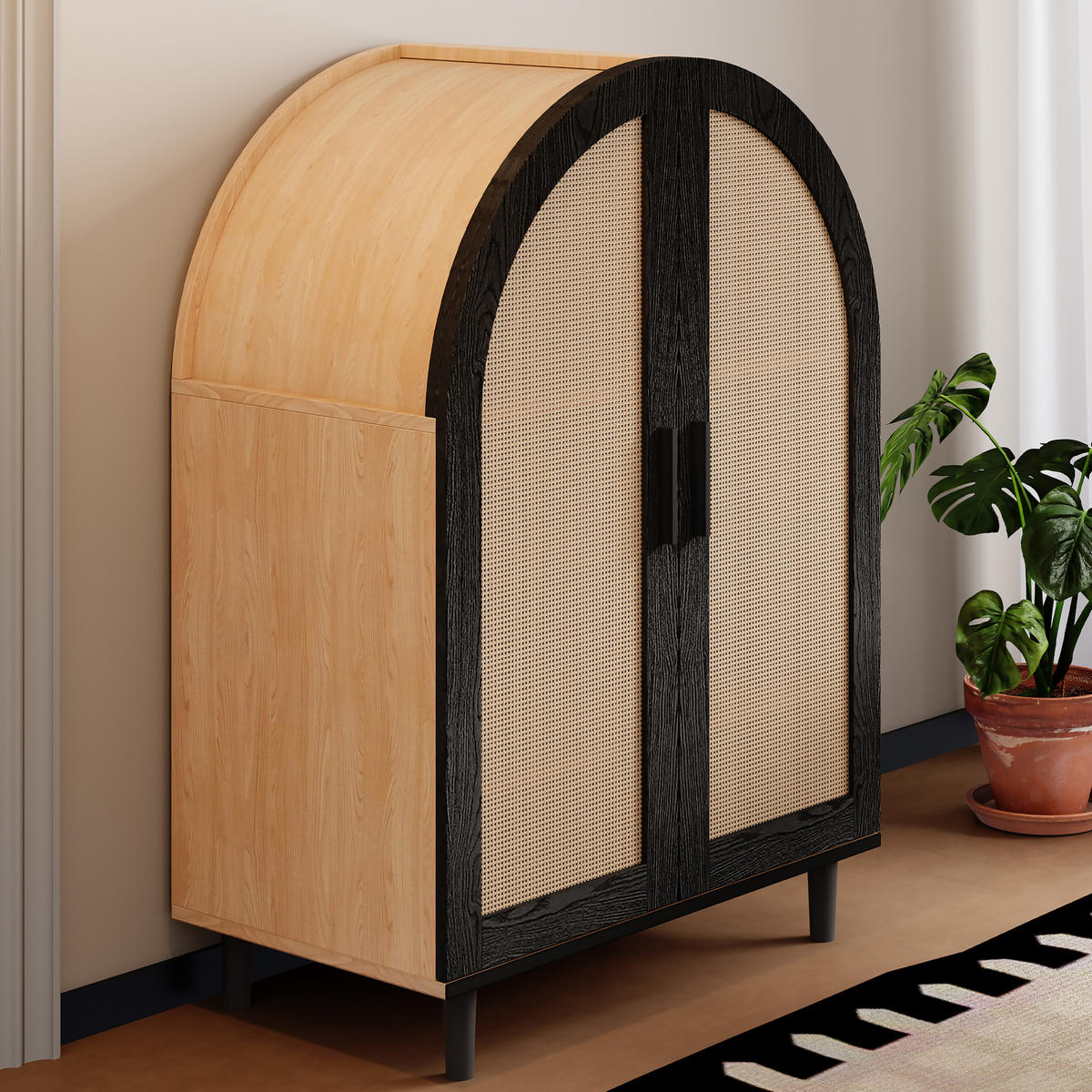 SCHUHSCHRANK 70/40/100 cm in Natur/Schwarz mit Rattantüren und verstellbaren Einlegeböden - Naturfarben, Holzwerkstoff (70/40/100cm) - Flora Grace