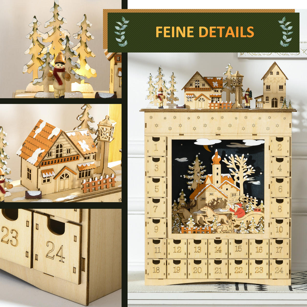 ADVENTSKALENDER zum Befüllen 24 Schubladen Fächer Weihnachtskalender DIY - Naturfarben, Holzwerkstoff (9/52/36cm) - HOMCOM