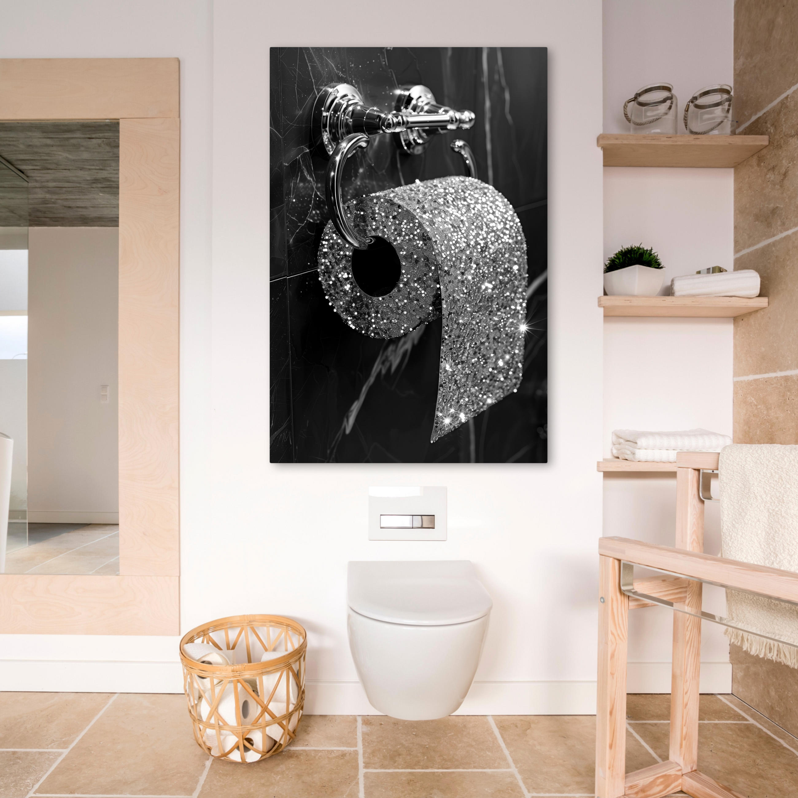 LEINWANDBILD WC - Toilettenpapier - Schwarz und weiß - Glitter 80x120 cm - Silberfarben, Textil (80/120cm) - MuchoWow