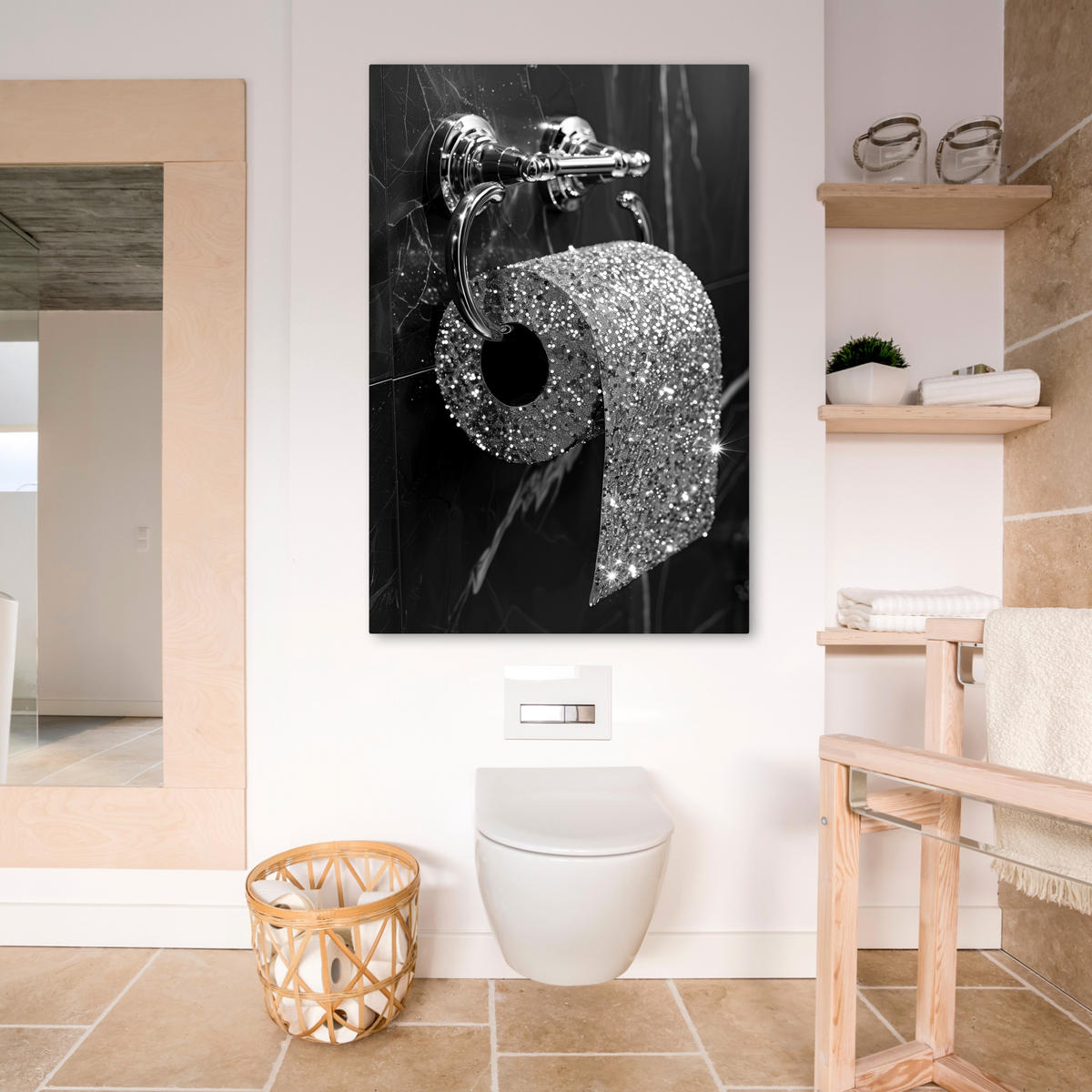 LEINWANDBILD WC - Toilettenpapier - Schwarz und weiß - Glitter 80x120 cm - Silberfarben, Textil (80/120cm) - MuchoWow