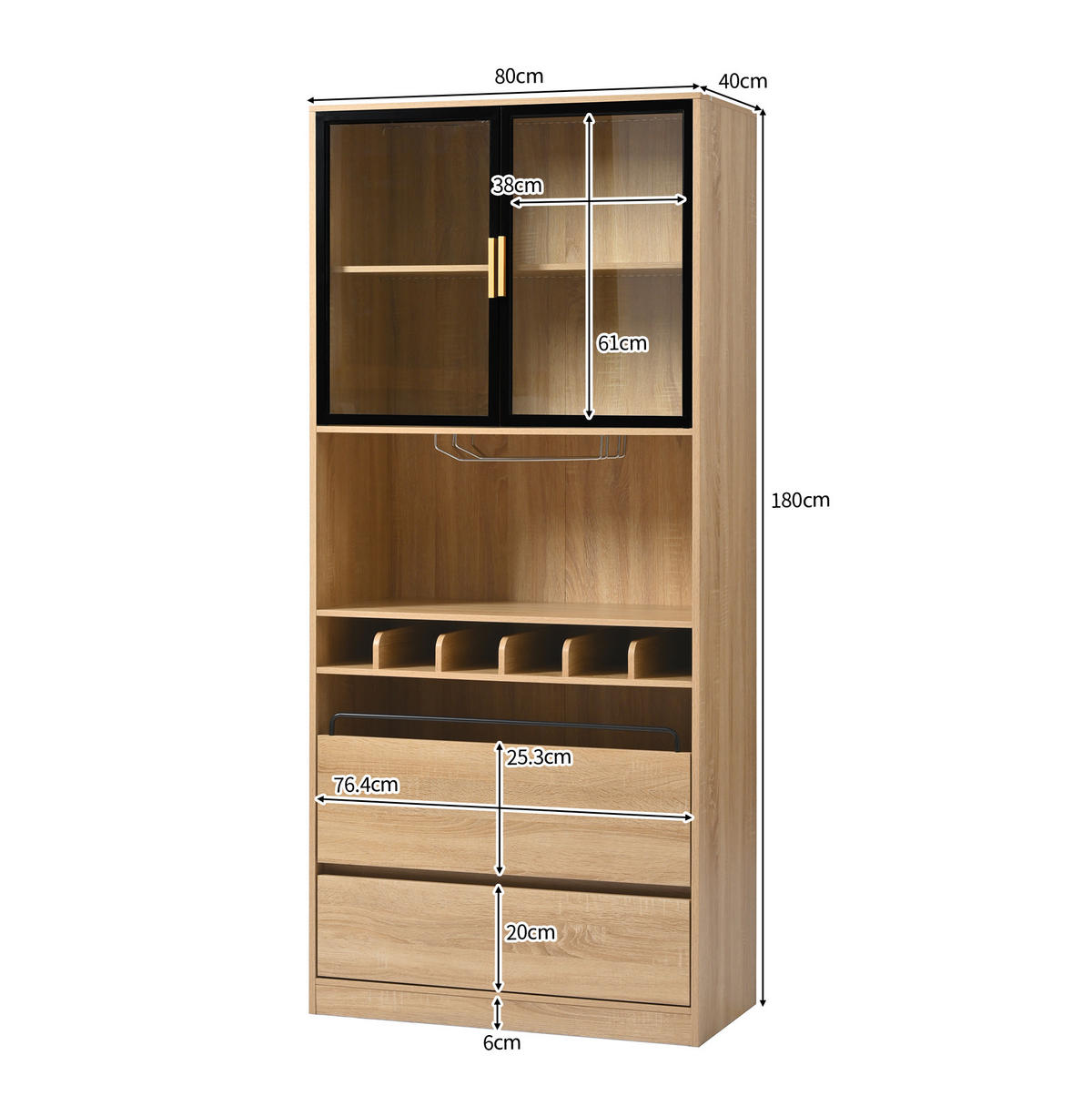 VITRINE 180 cm aus MDF mit Glastüren und LED-Beleuchtung Natur - Naturfarben, Holzwerkstoff (80/180/40cm) - Modenvie