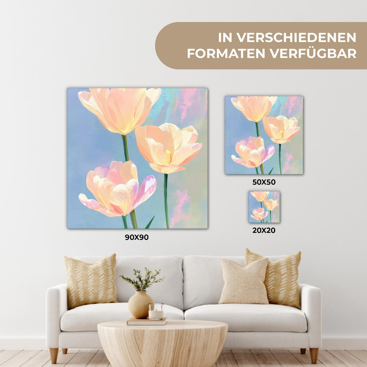 LEINWANDBILD Tulpen - Rosa Akzente - Blau Wandbild Wohnzimmer 50x50 cm - Pastellblau, Textil (50/50cm) - MuchoWow