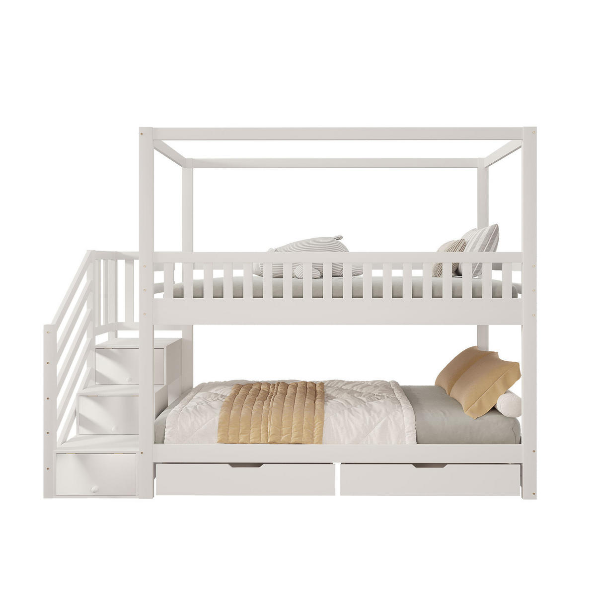 ETAGENBETT 90/200 cm aus Massivholz mit Hausform und Sicherheitsleiter - Weiß, Holz (90/200cm) - OKWISH
