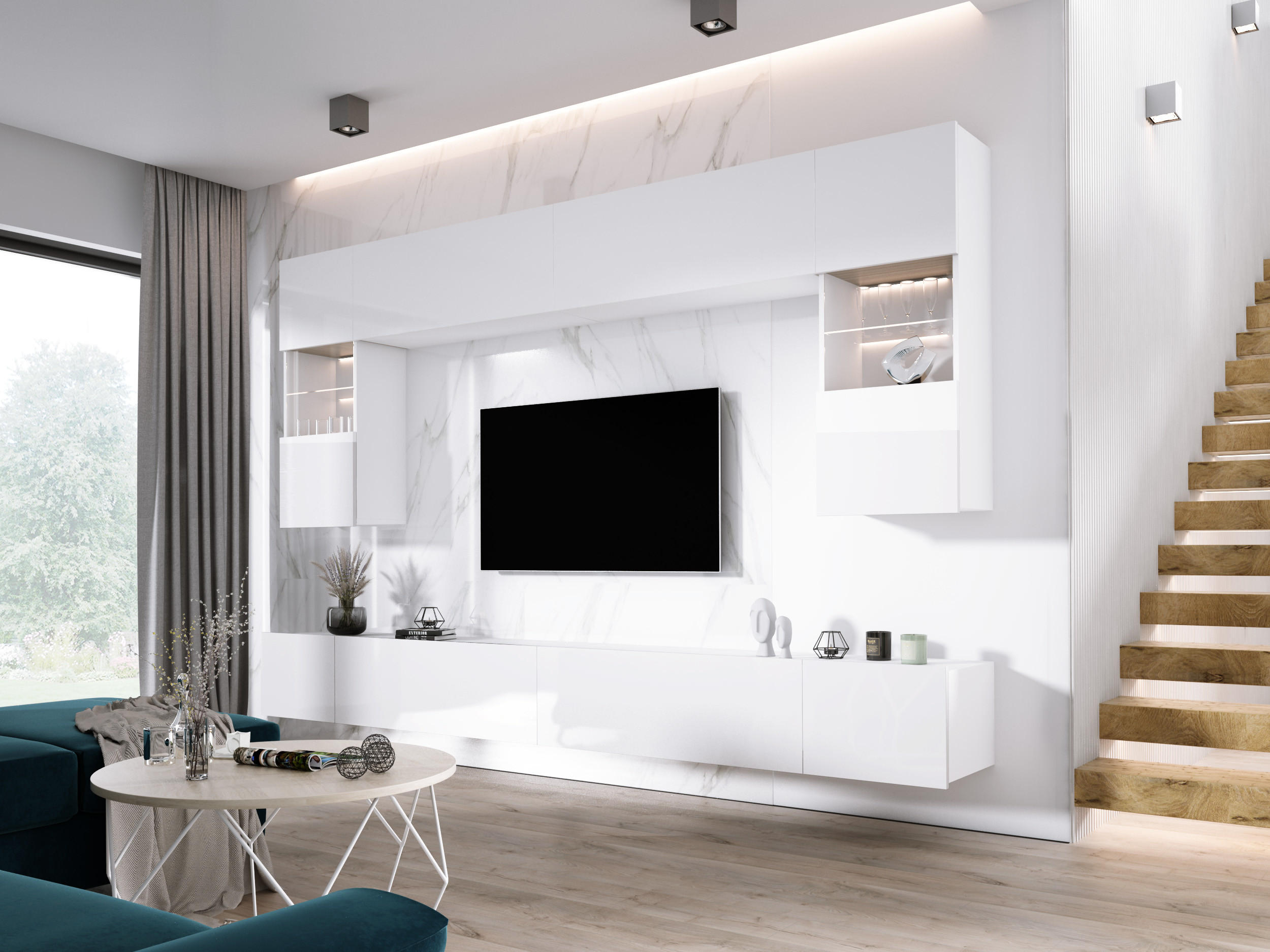 WOHNWAND Weiß/Weiß glänzend, Breite: 300 cm, Höhe: VERSTELLBAR cm, Tiefe: 42 cm - Weiß Hochglanz, Holzwerkstoff (300/200/42cm) - 3XE LIVING