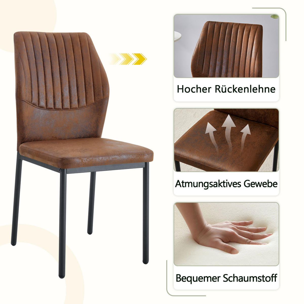 ESSZIMMERSTUHL 4er set stoff tech gepolstert metallbeine ergonomisch - Braun, Textil (43/93/42.6cm) - Urban Meuble