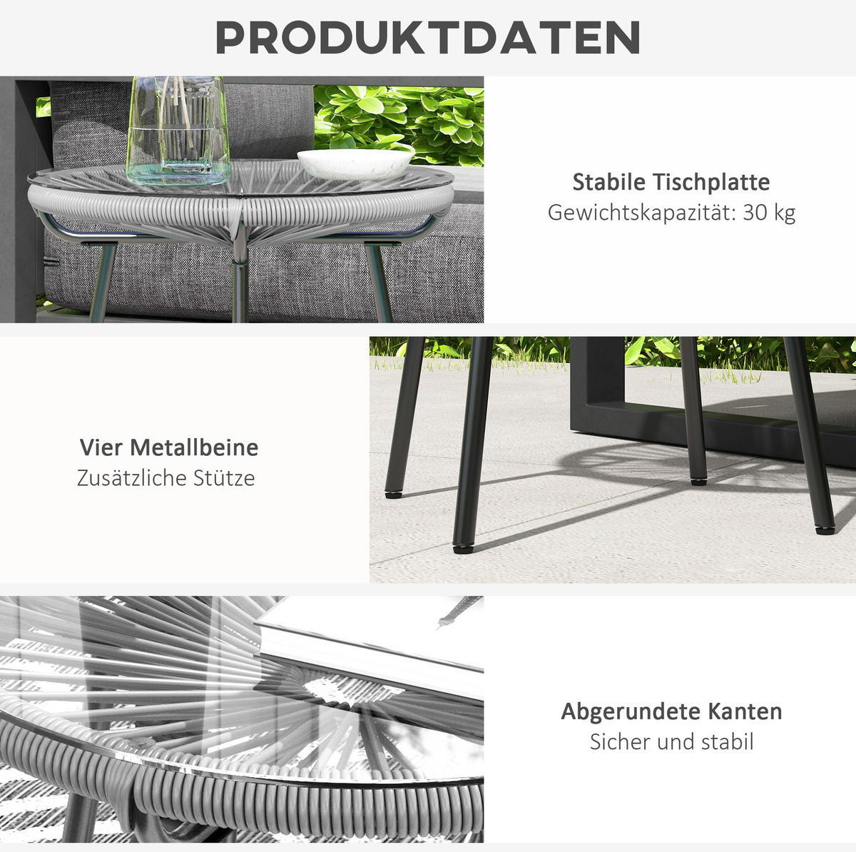 BEISTELLTISCH aus Metall 50x50x50 cm Grau mit Glasplatte und PE-Rattan im Boho-Stil - Grau, Metall (50/50/50cm) - Modfu