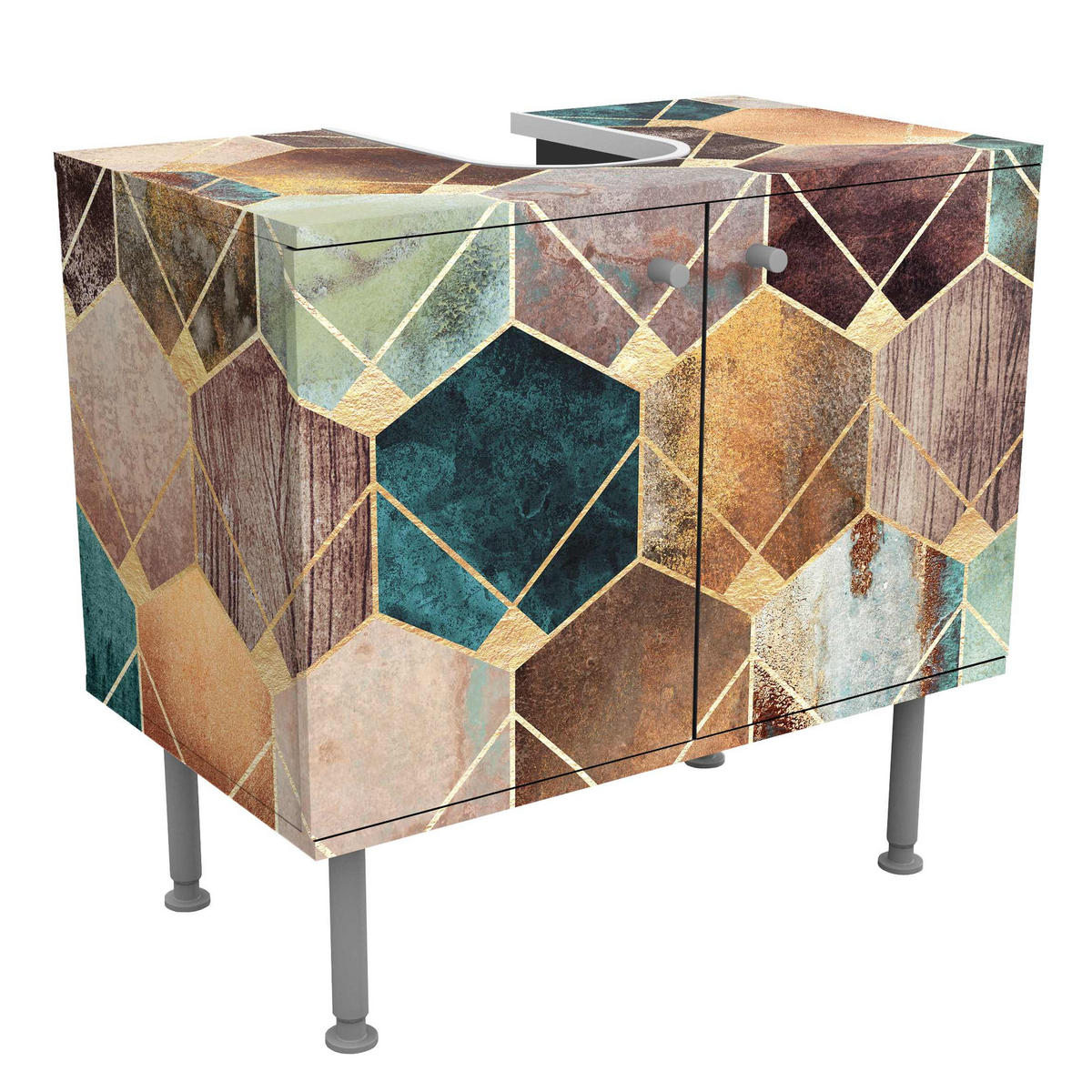 WASCHBECKENUNTERSCHRANK Türkise Geometrie goldenes Art Deco 60/55/35 cm - Goldfarben, Holzwerkstoff (60/55/35cm) - Bilderwelten