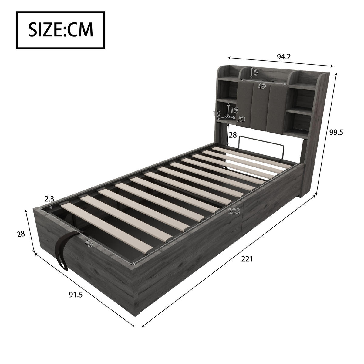 POLSTERBETT 90/200 cm Grau mit Stauraum, Ausgestattet mit USB und Tape-C-Steckdose - Grau, Holz (90/200cm) - Oxeza