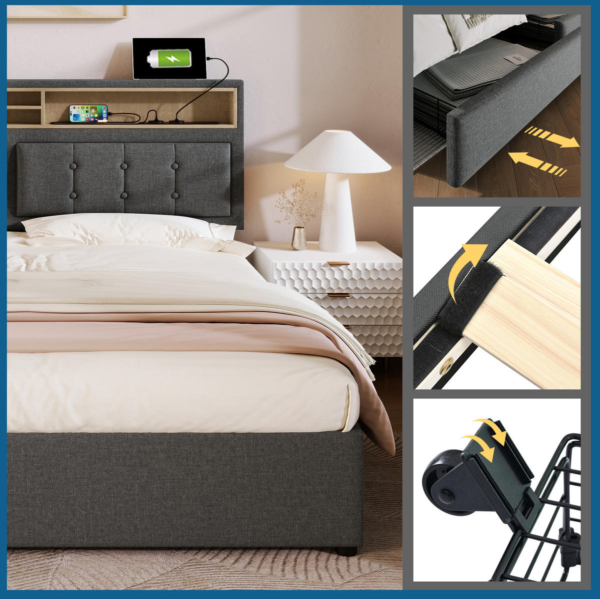 ČALOUNĚNÁ postel 140/200 cm s nastavitelným čelem, USB-C a úložným prostorem, Světle béžová / šedá - šedá, textil (140/140cm) - Redom