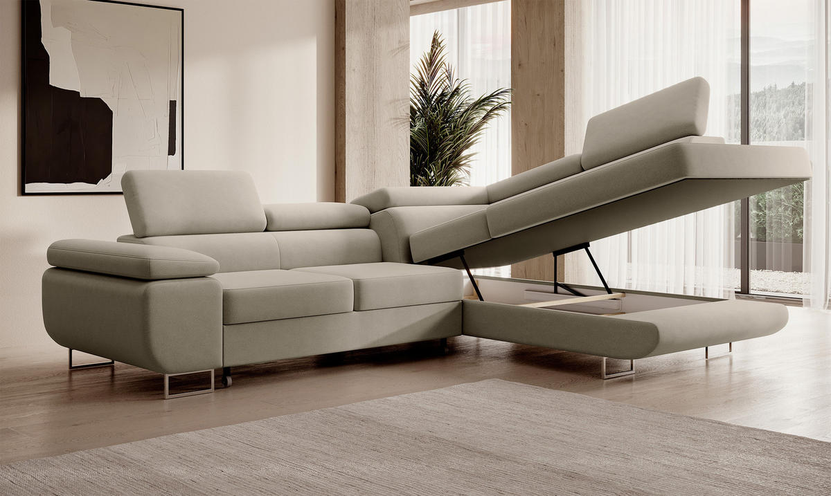 ECKSOFA Stevil Graubeige Velours - Greige/Silberfarben, Textil/Metall (275/203cm) - Selsey