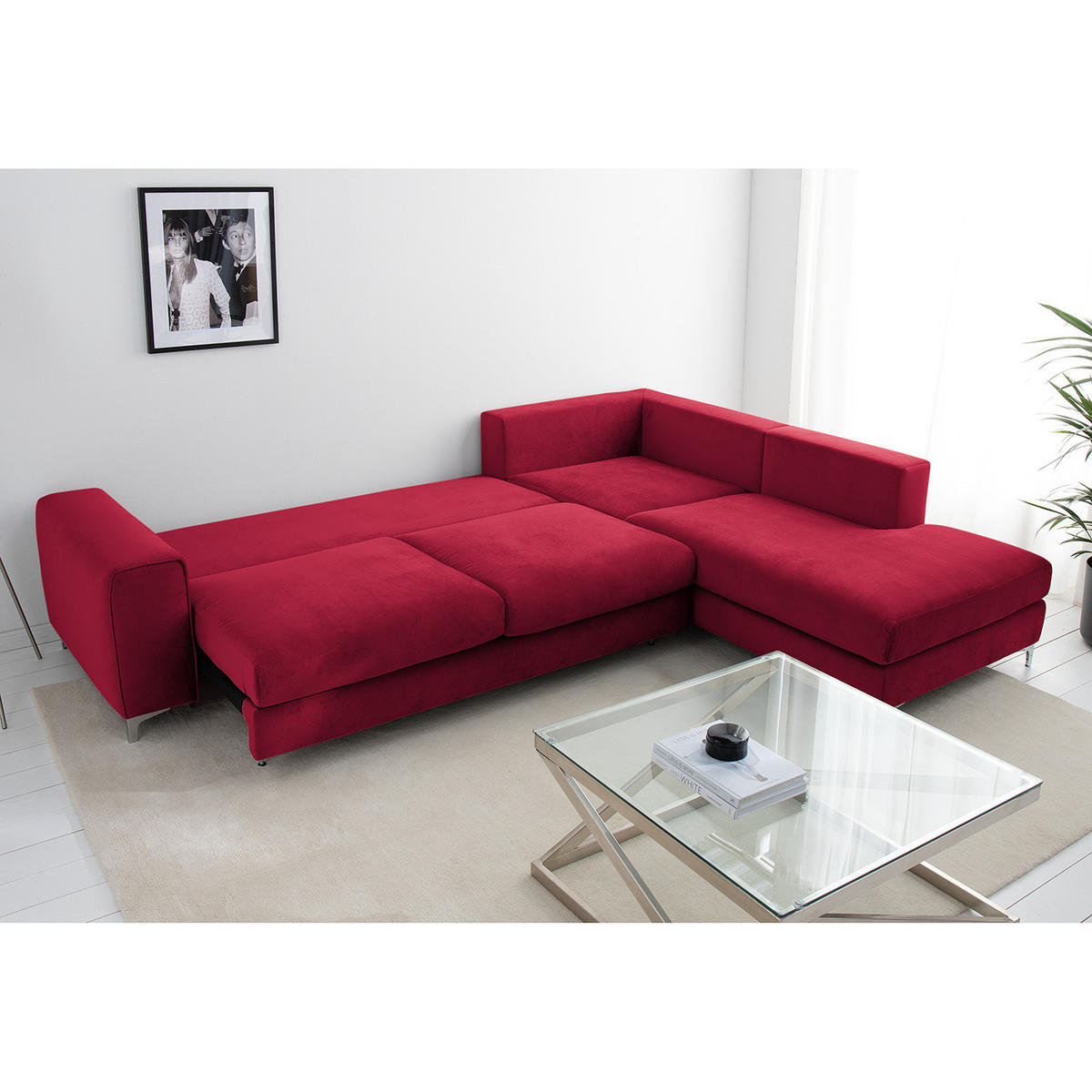 ECKSOFA mit Ottomane - Chromfarben/Bordeaux, Textil/Metall (302/1cm) - home24