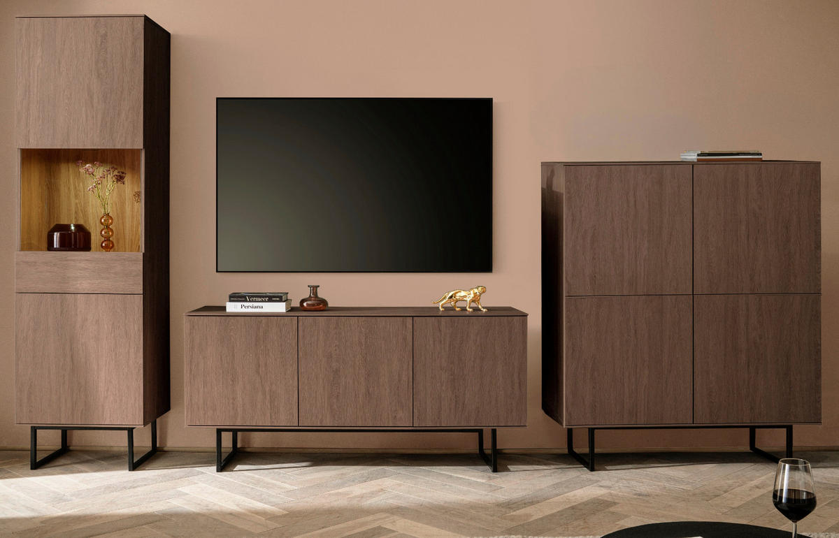 WOHNWAND in Nussbaum 3-teilig 353 cm, Komplett-Set mit Push-to-Open - Nussbaumfarben/Schwarz, Holzwerkstoff/Metall (353/200/40cm) - Furn.Design