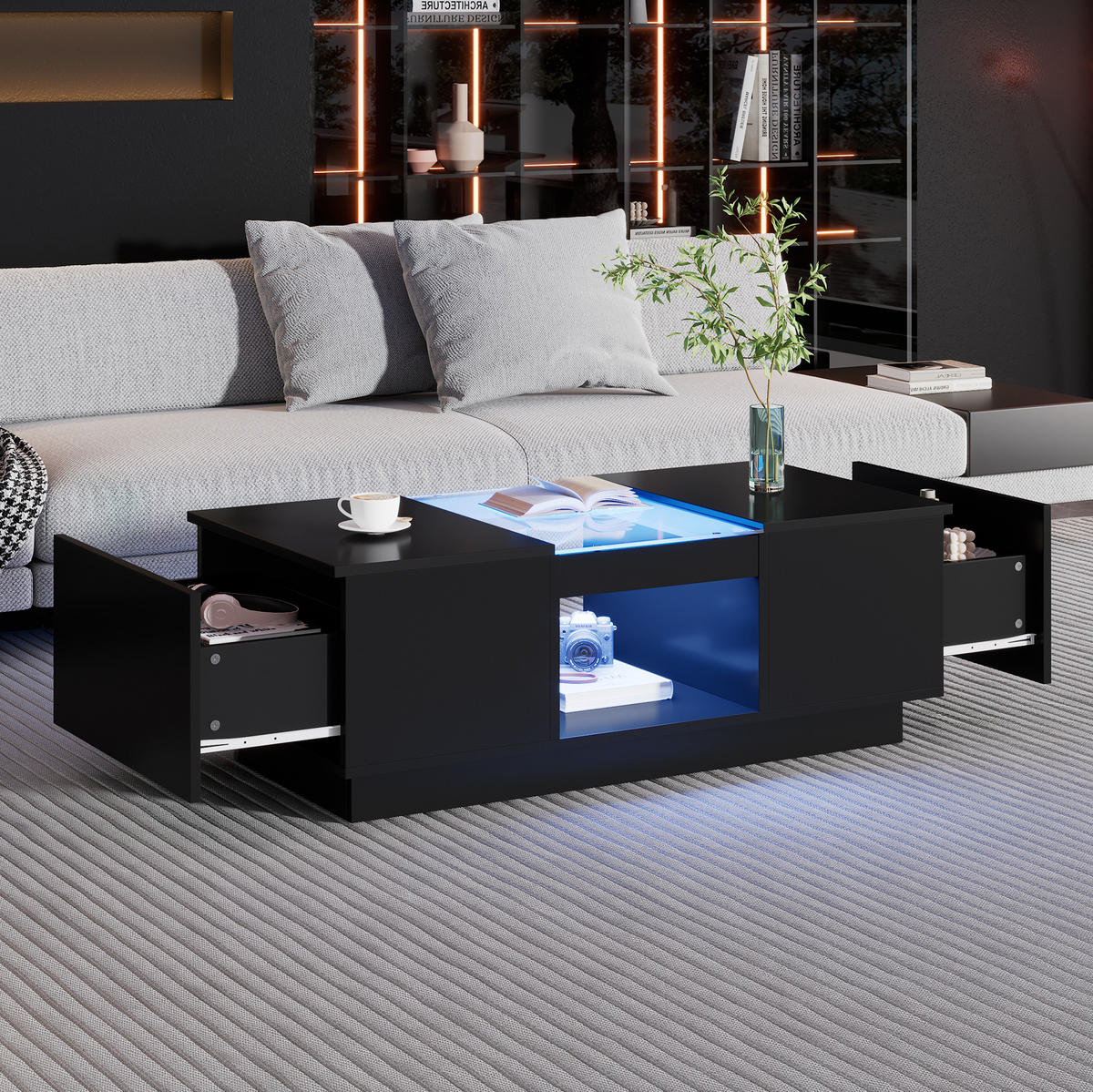 COUCHTISCH 100/50/35,5 cm aus Spanplatte mit LED-Beleuchtung, App-Steuerung, 2 Schubladen und Glasplatte, Schwarz - Schwarz, Holzwerkstoff (100/50/35.5cm) - Redom